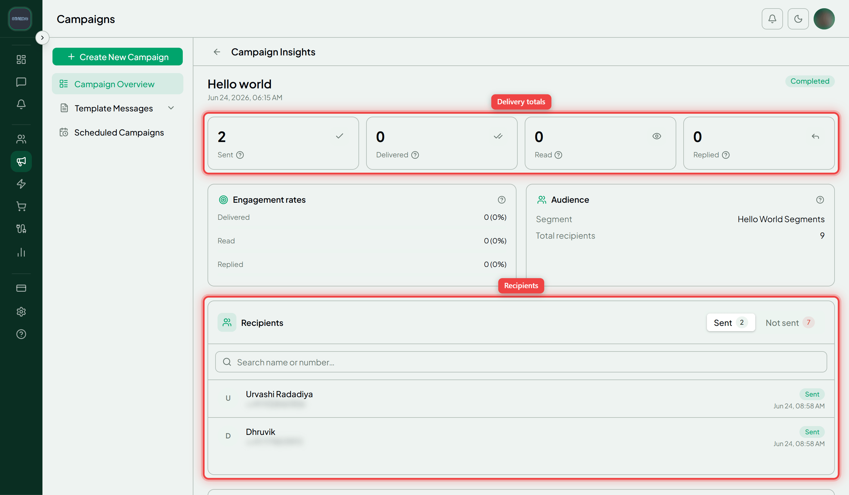 The Campaign Insights page for a single campaign with its delivery totals and Recipients list highlighted