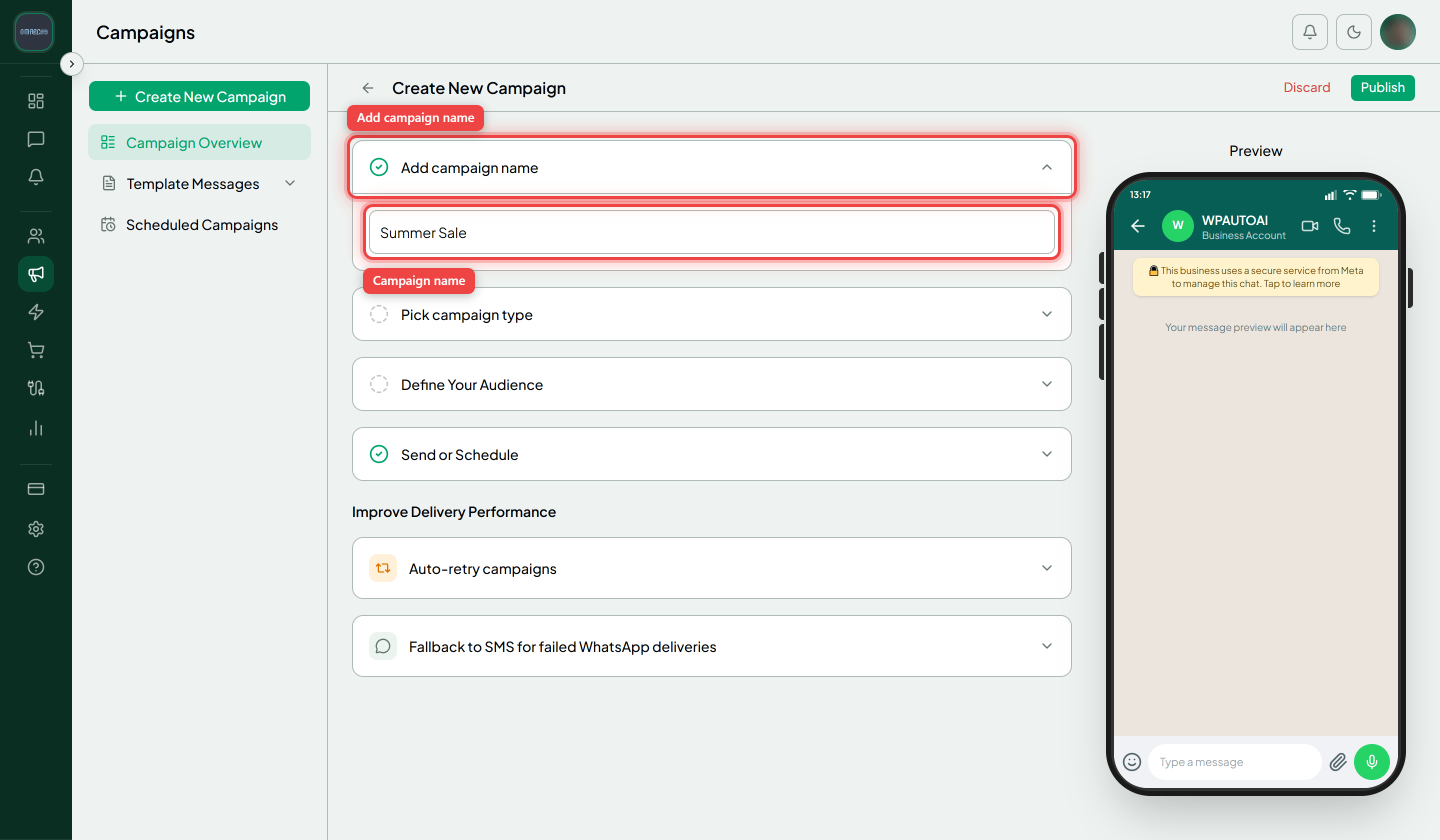 The Create New Campaign page with the Add campaign name section and the Campaign name field highlighted