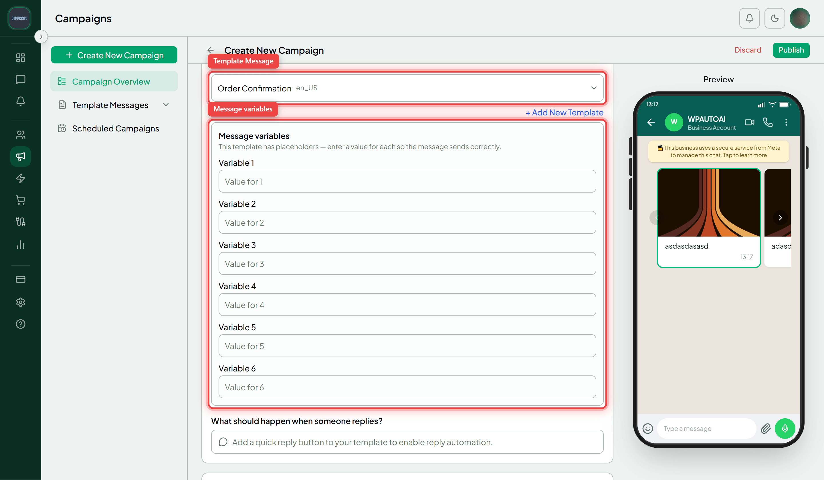 The Template Message section with a template selected and the Message variables panel highlighted