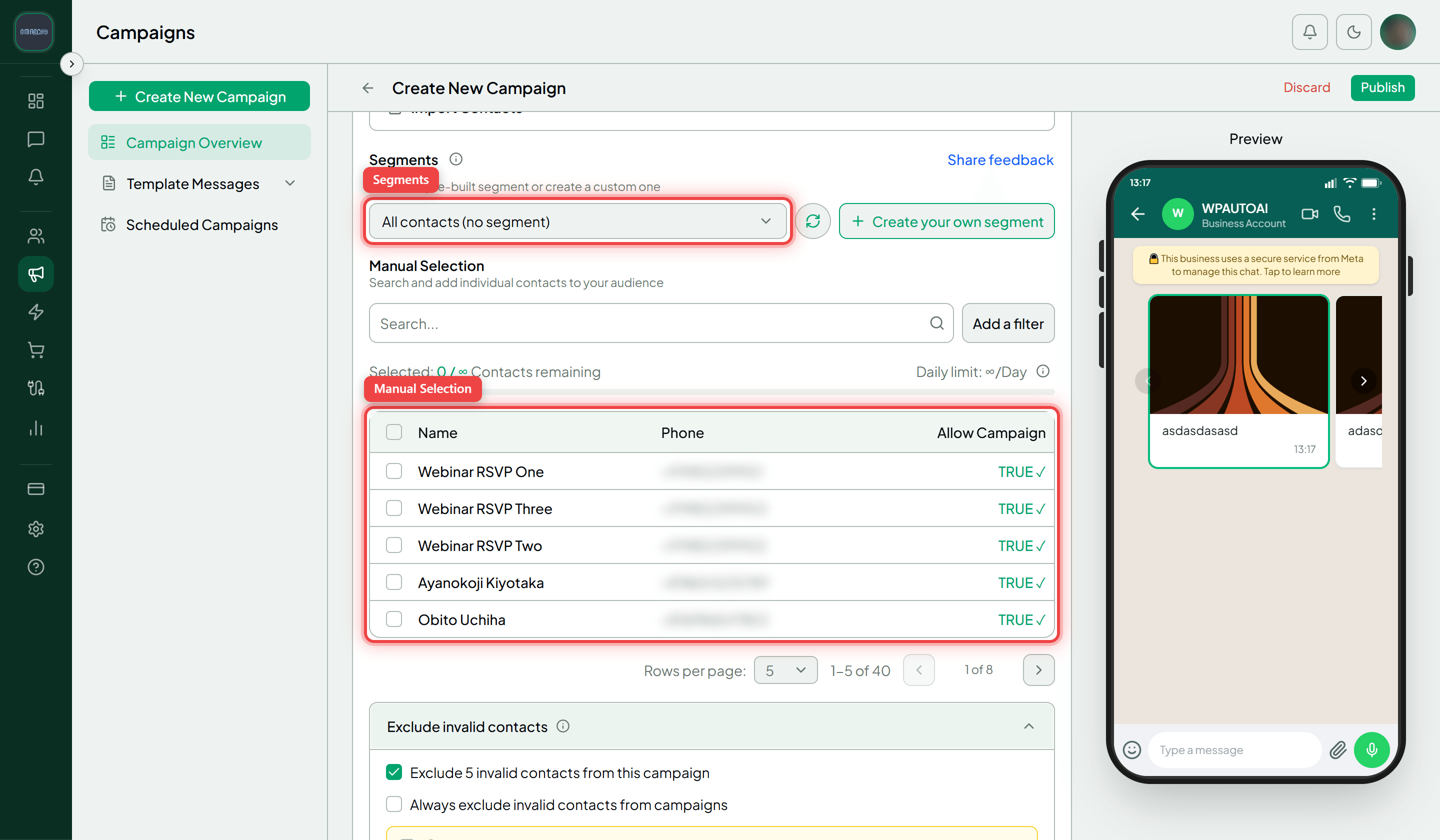 The Define Your Audience section with the Segments dropdown and Manual Selection contact table highlighted