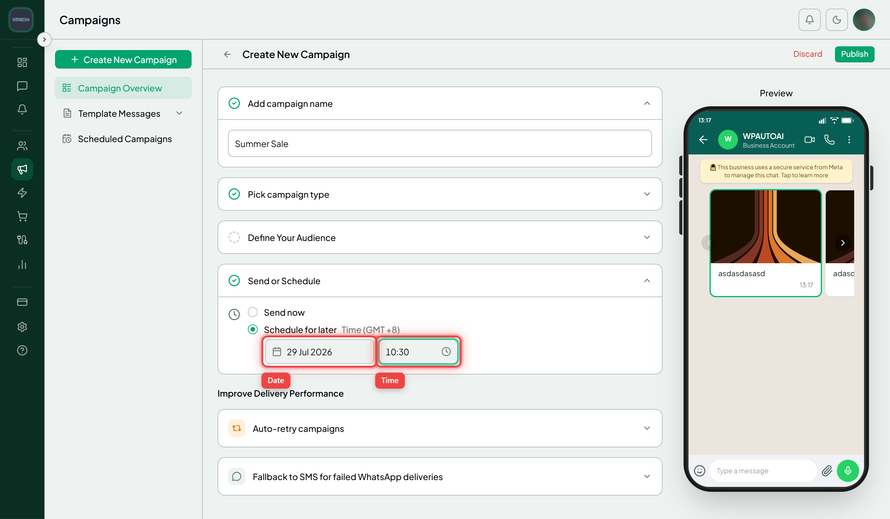 The Send or Schedule section with Schedule for later selected and the date and time pickers highlighted