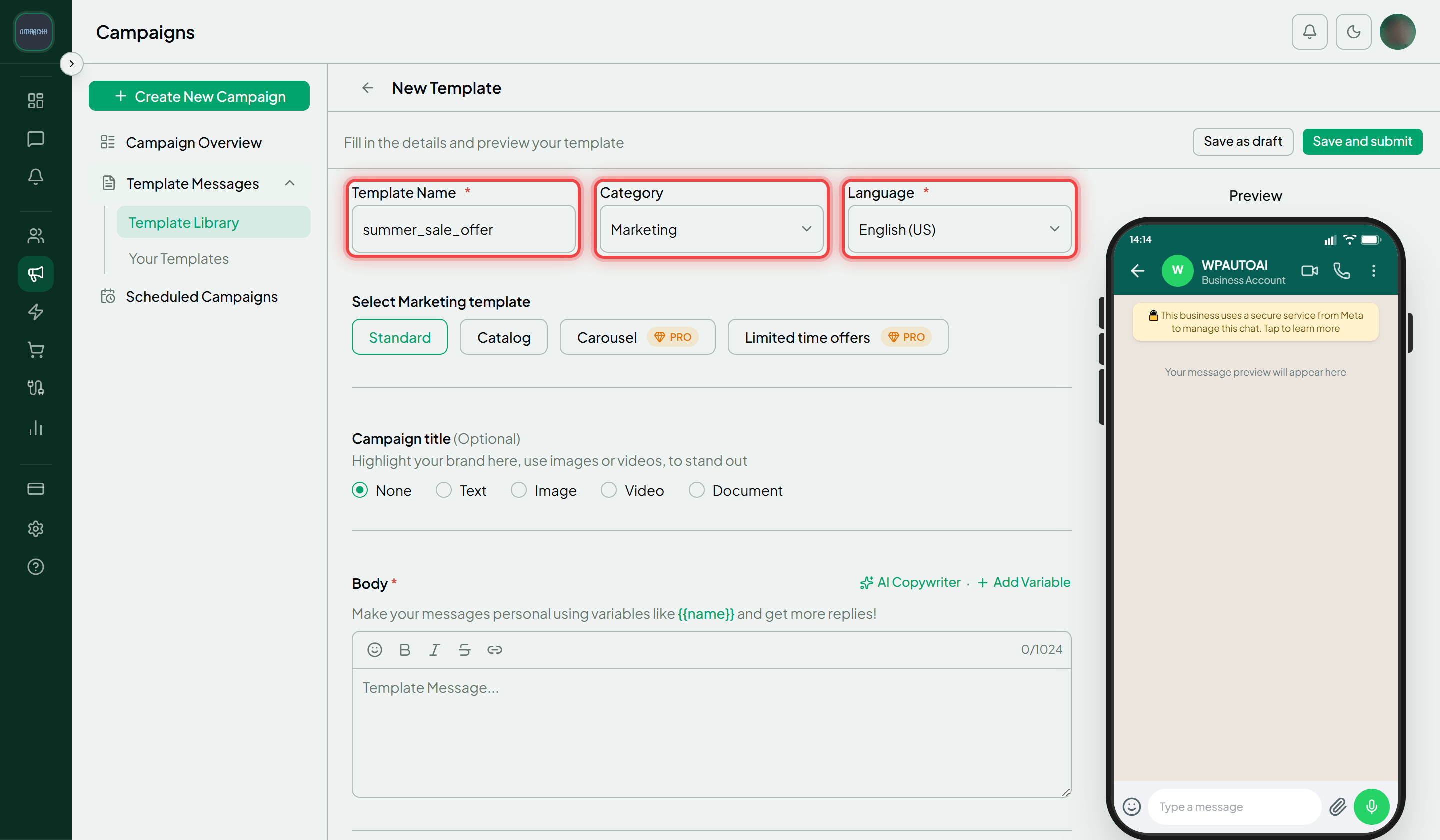 The template builder with the Template Name, Category and Language fields highlighted