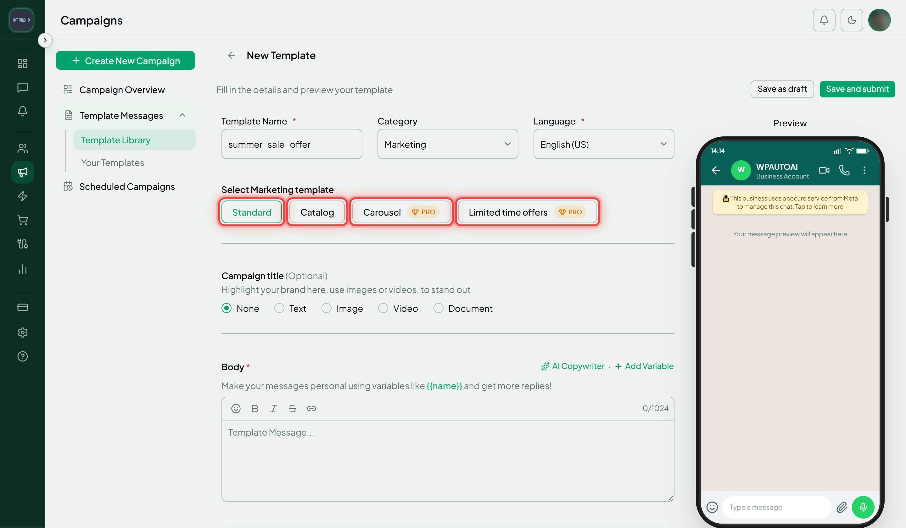 The Select Marketing template row with the Standard, Catalog, Carousel and Limited time offers layouts highlighted