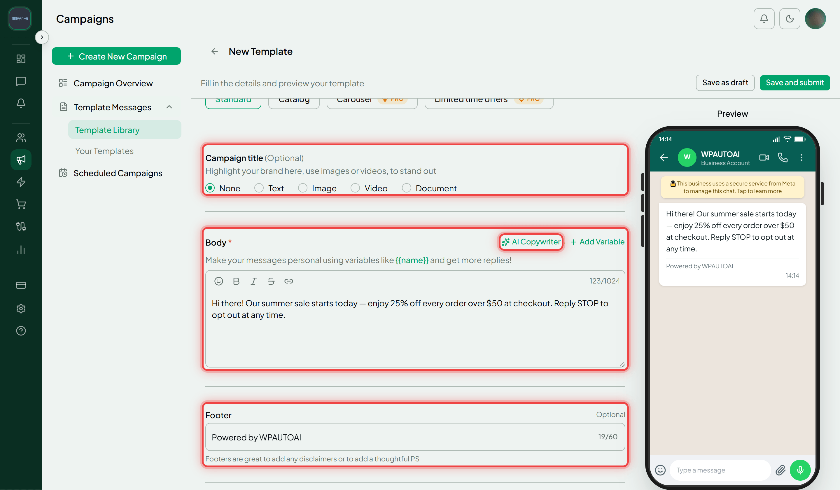 The template builder with the Campaign title, Body and Footer sections and the AI Copywriter link highlighted