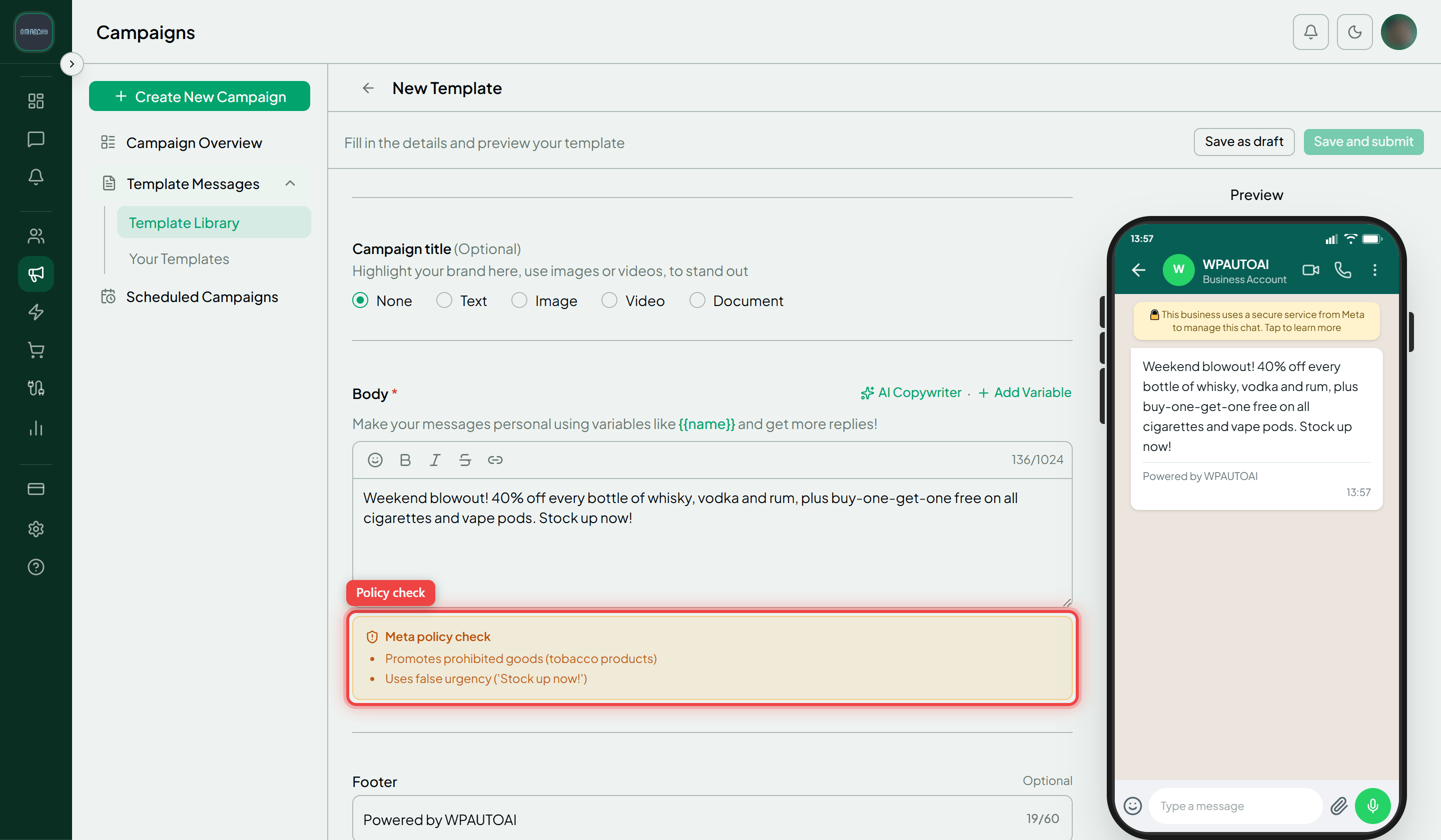 The template builder with the amber Meta policy check panel below the body highlighted
