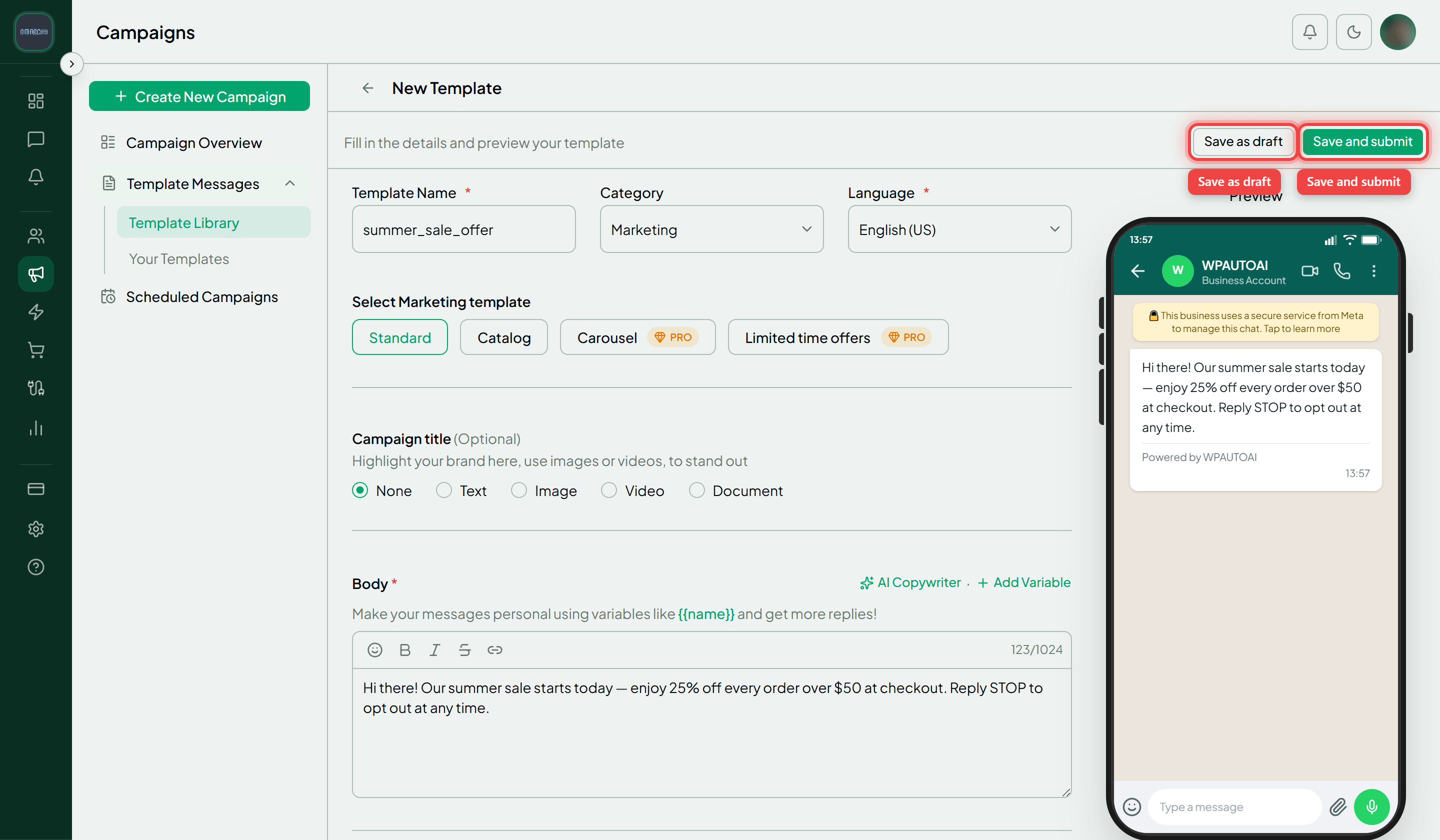 The template builder header with the Save as draft and Save and submit buttons highlighted