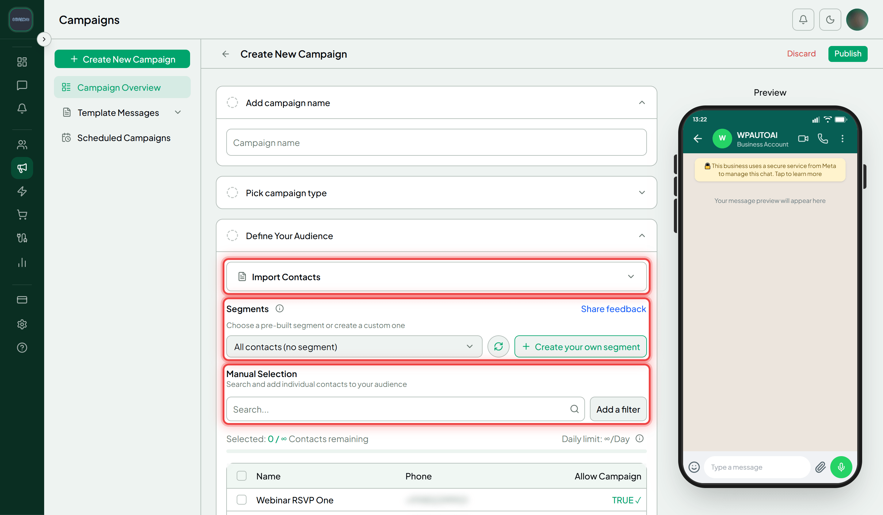 The campaign wizard with the Define Your Audience step expanded and its Import Contacts, Segments and Manual Selection sections highlighted