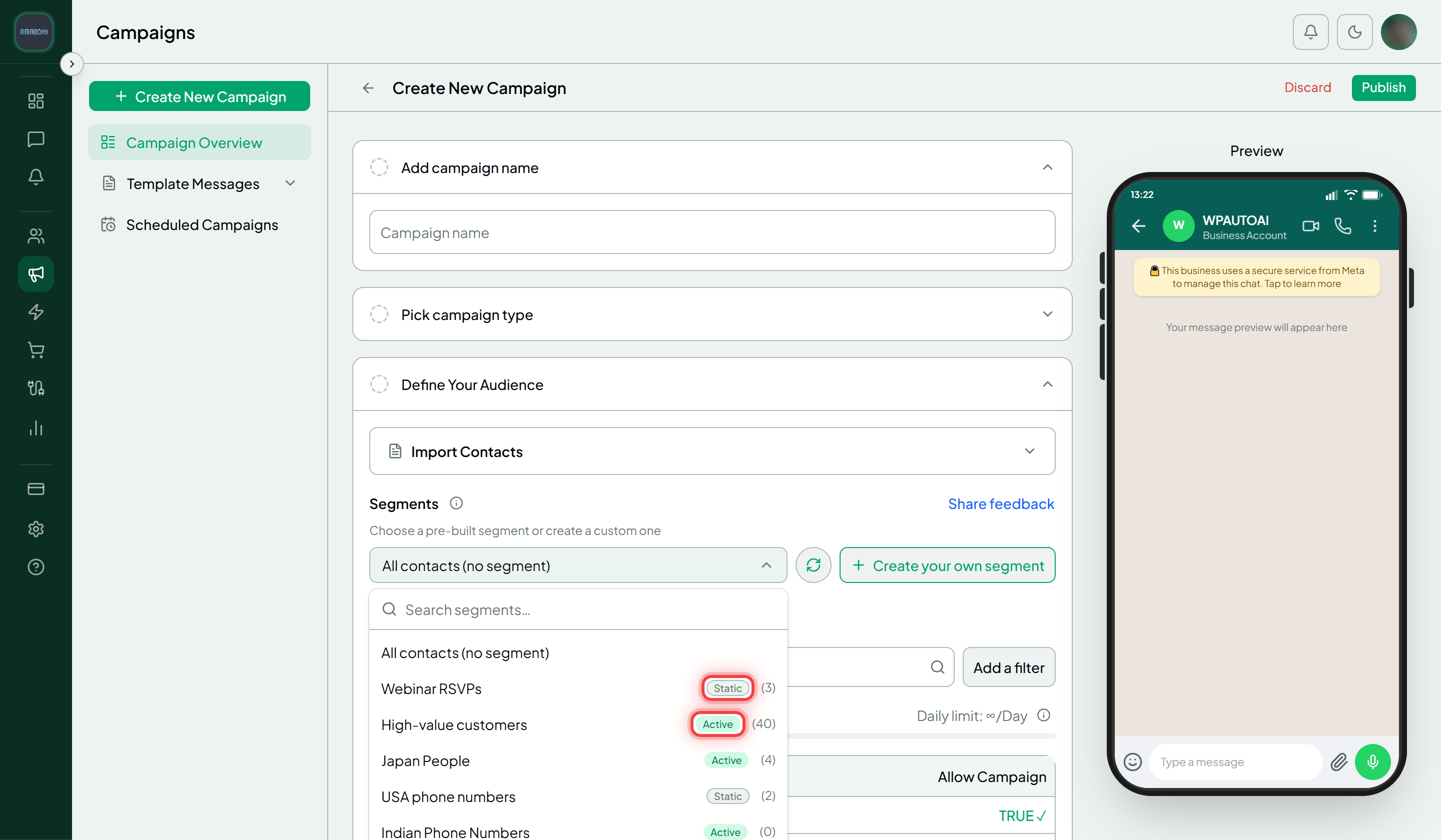 The Segments dropdown open with the Active and Static badges highlighted