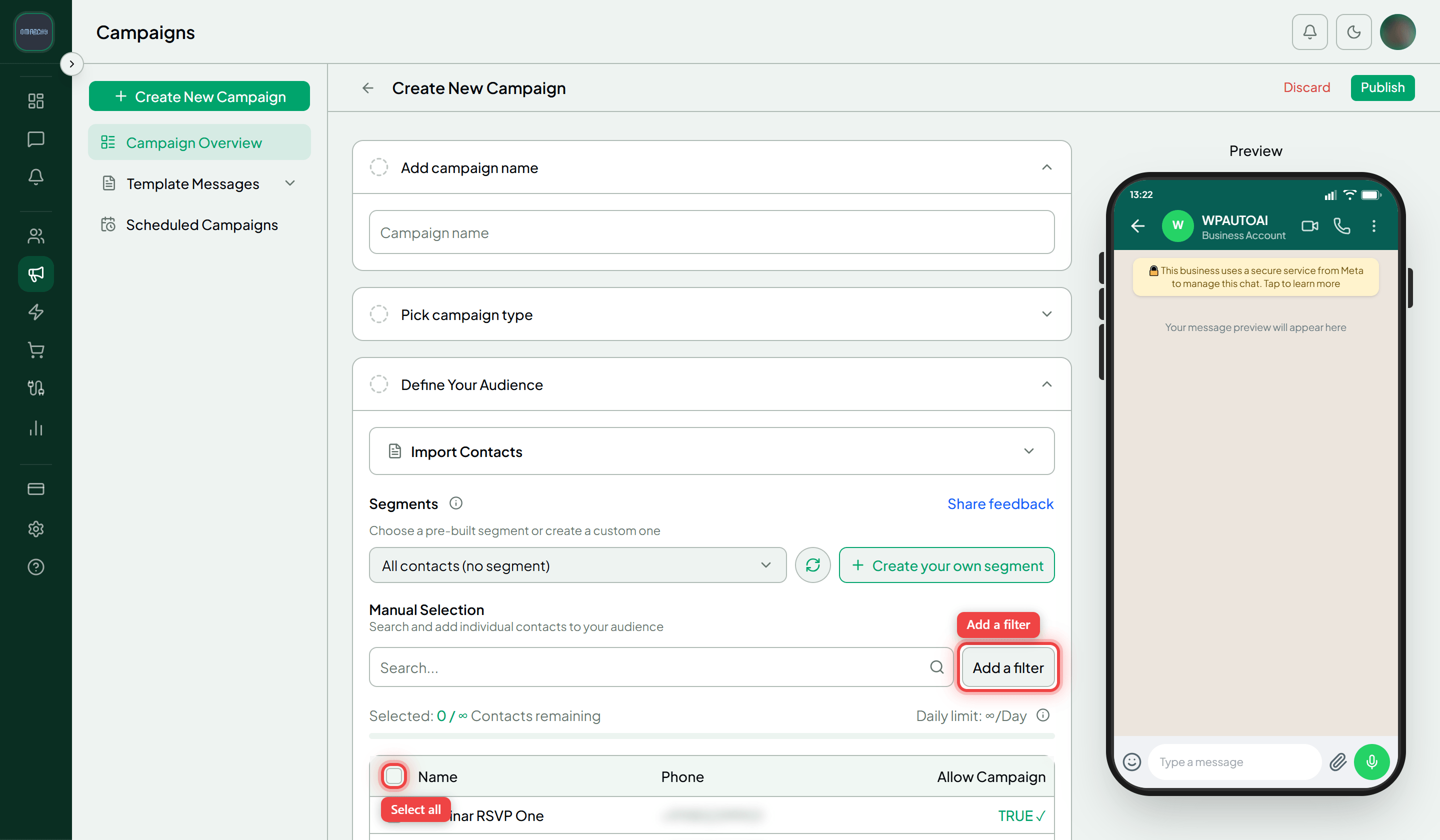 The Define Your Audience step with the Add a filter button and the contact table's header select-all checkbox highlighted