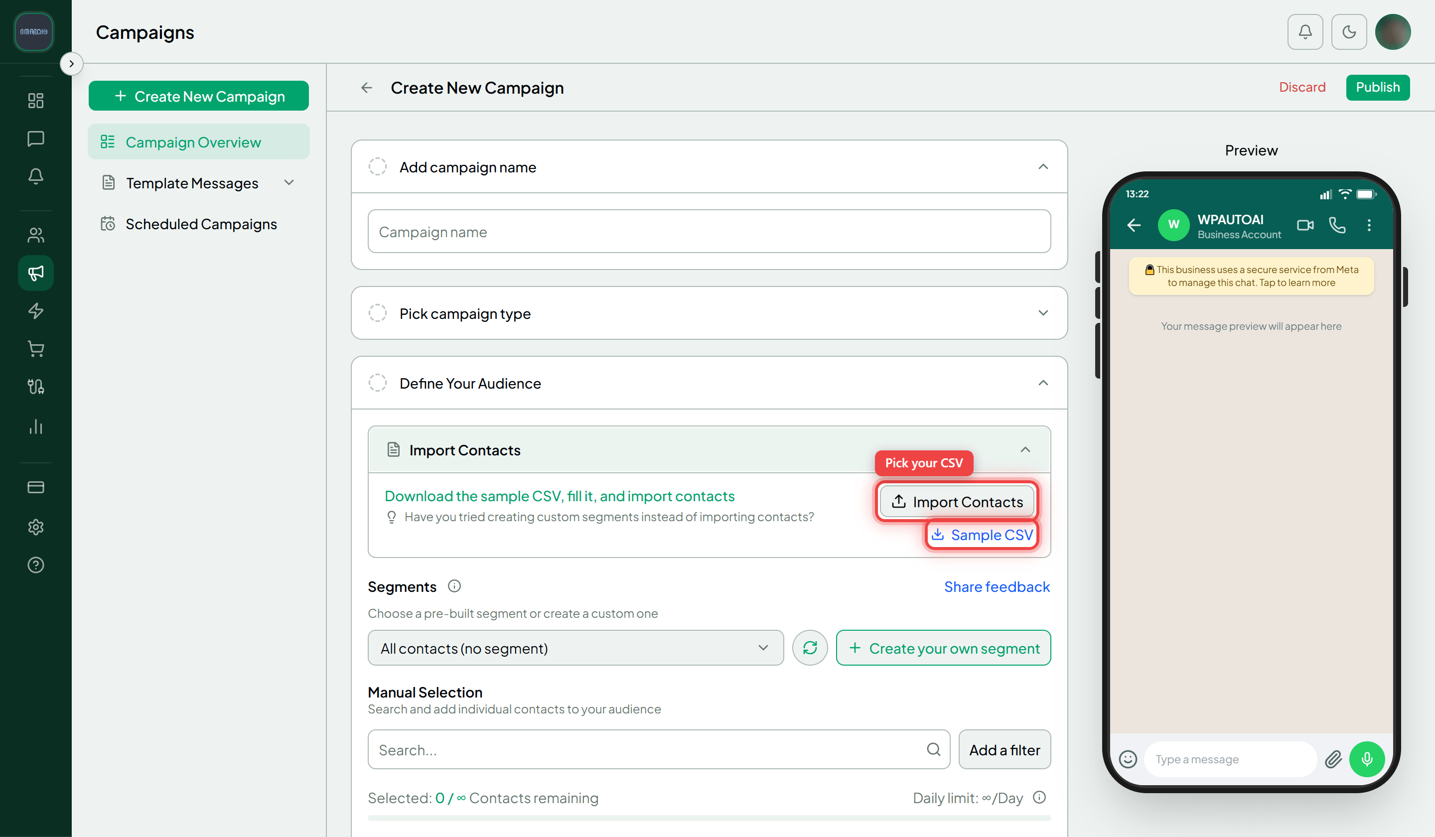 The Import Contacts card expanded with the Sample CSV link and the Import details counts highlighted