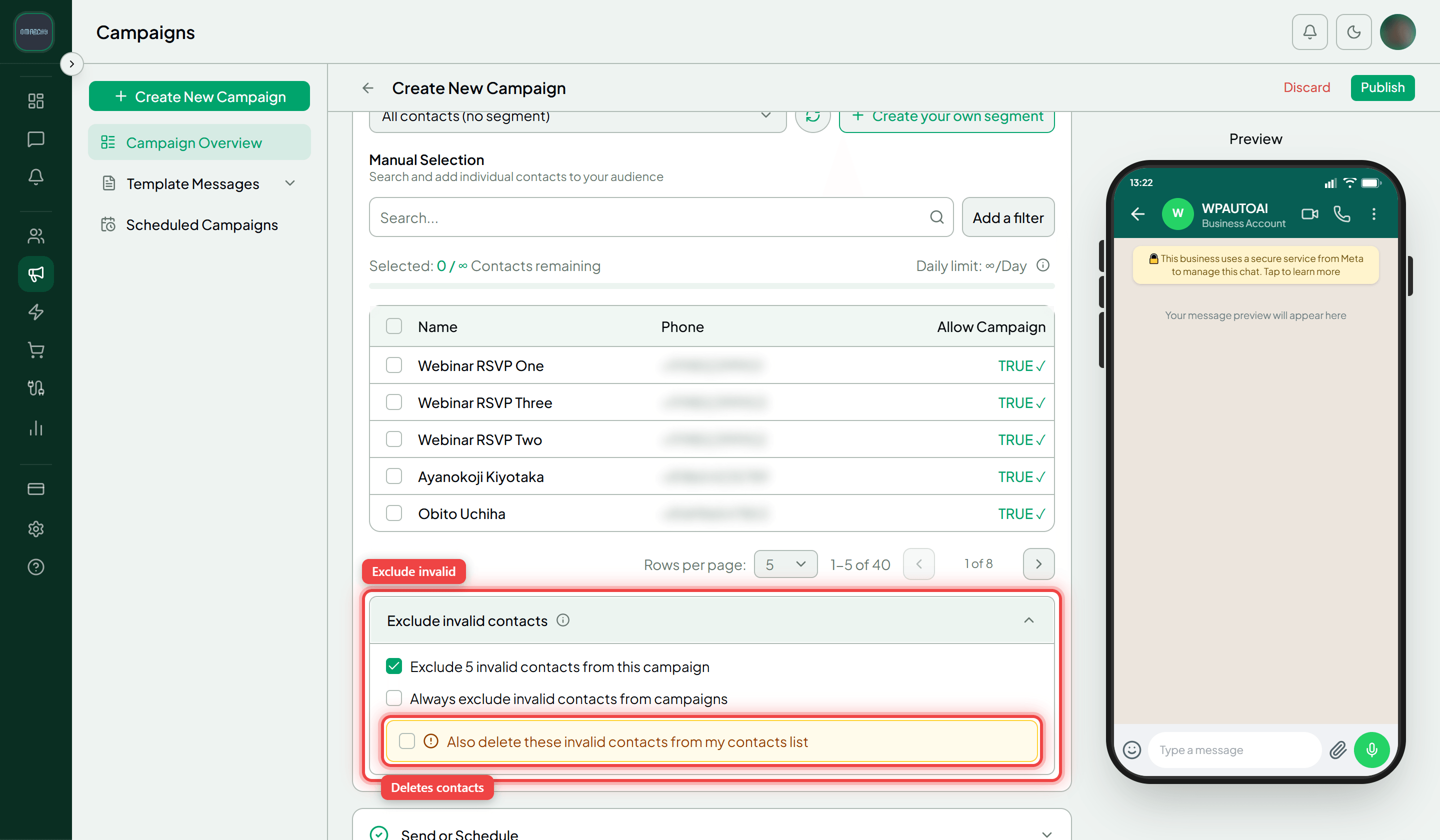 The Define Your Audience step with the Exclude invalid contacts panel expanded and the Also delete these invalid contacts from my contacts list checkbox highlighted