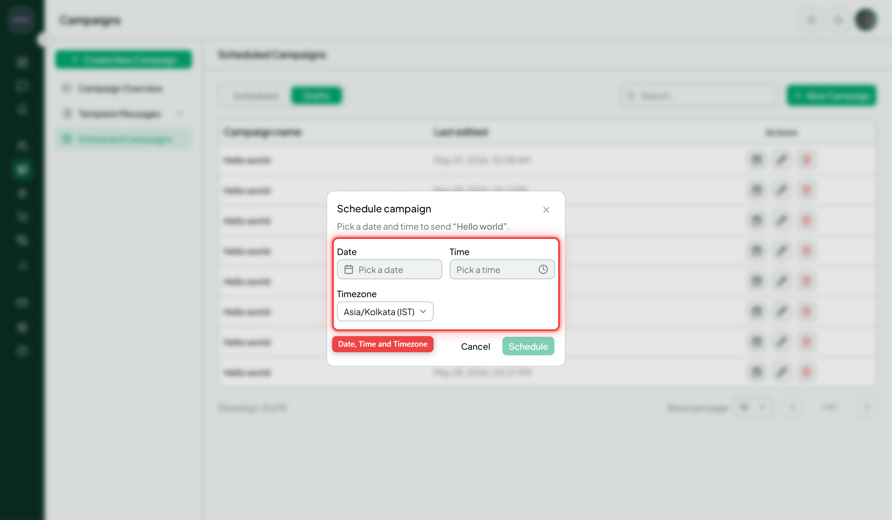 The Schedule campaign dialog with the Date, Time and Timezone fields highlighted