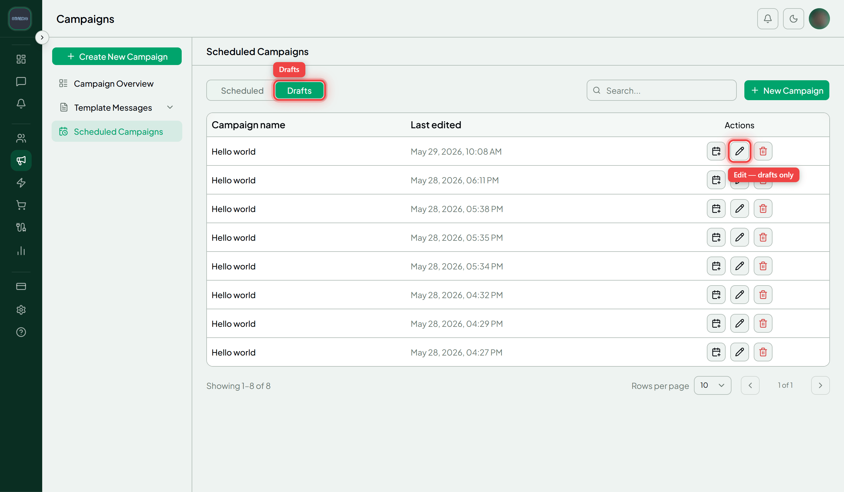 The Drafts tab with the Edit row action highlighted