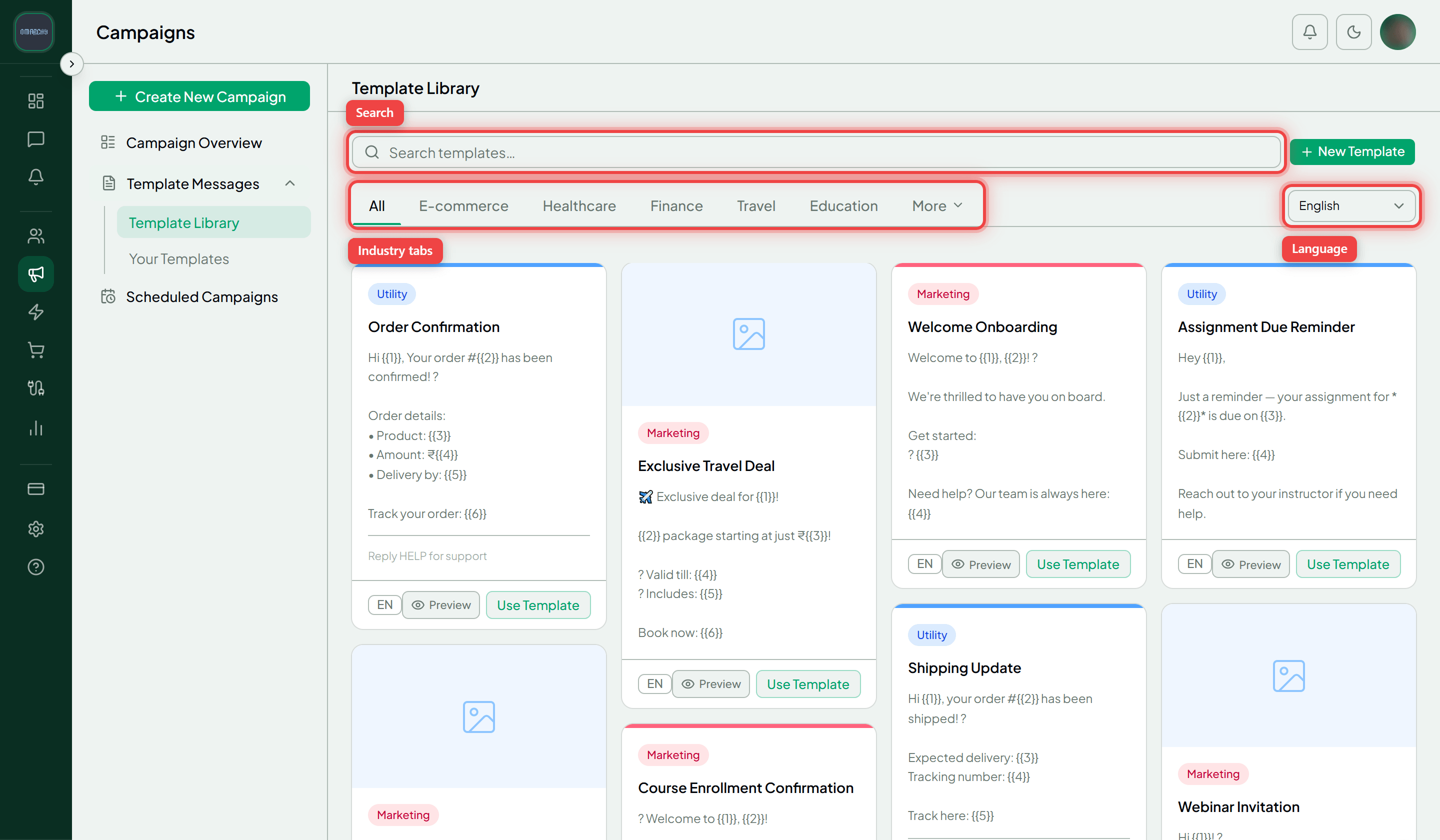 The Template Library with the search box, the industry tabs and the language picker highlighted