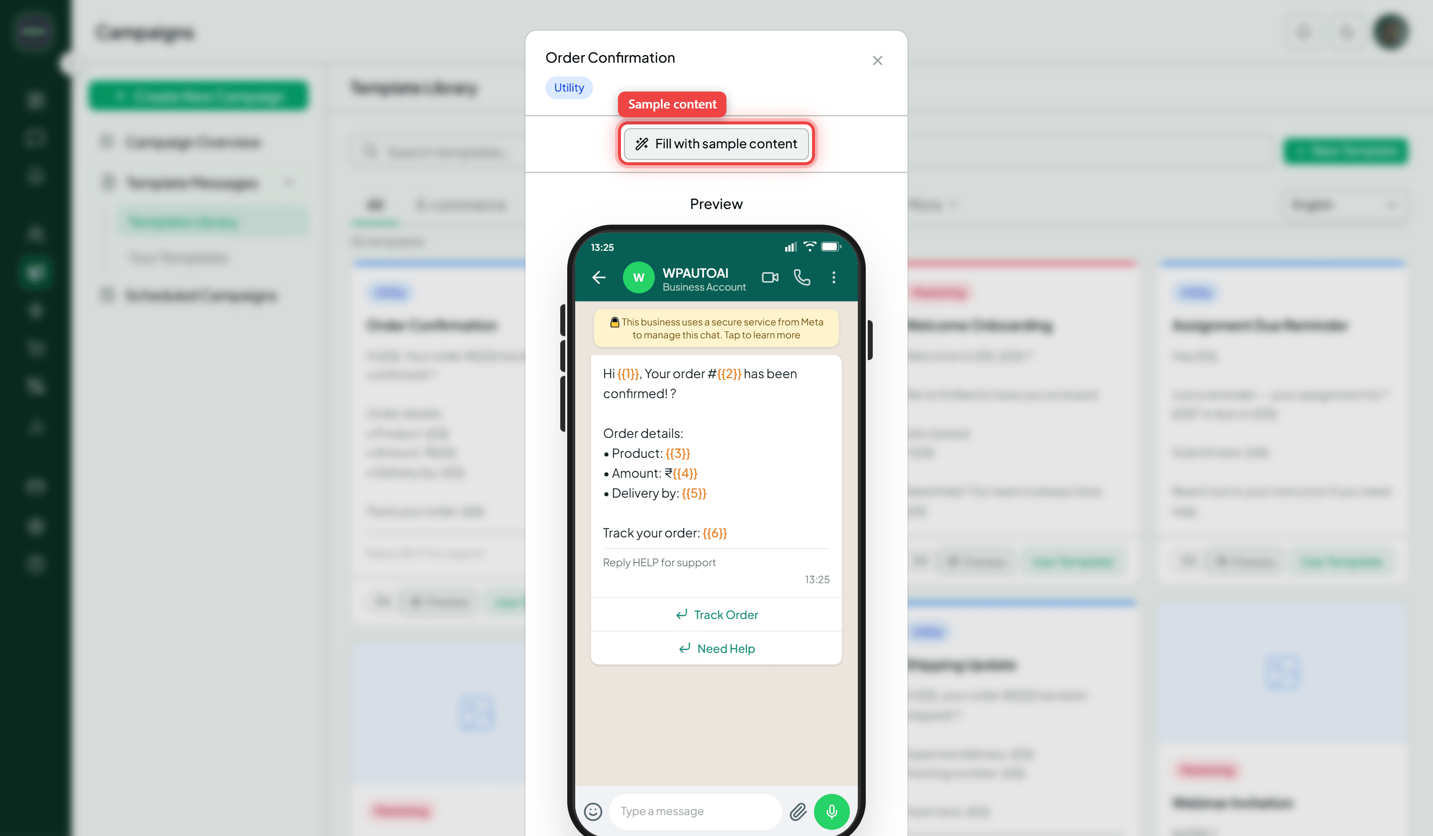 The template preview dialog with the Fill with sample content button highlighted