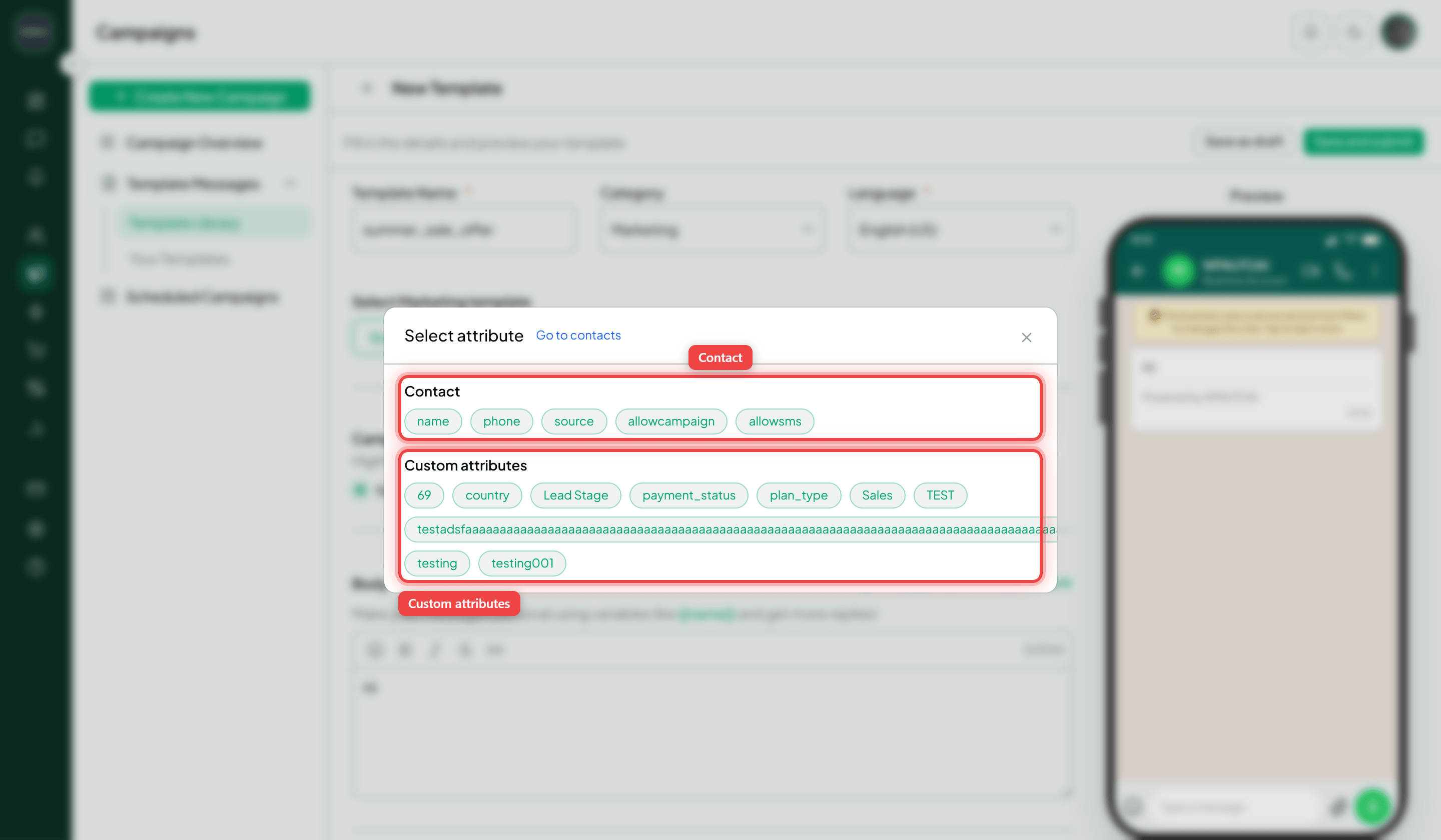 The Select attribute dialog with the Contact, Shopify and Custom attributes sections highlighted