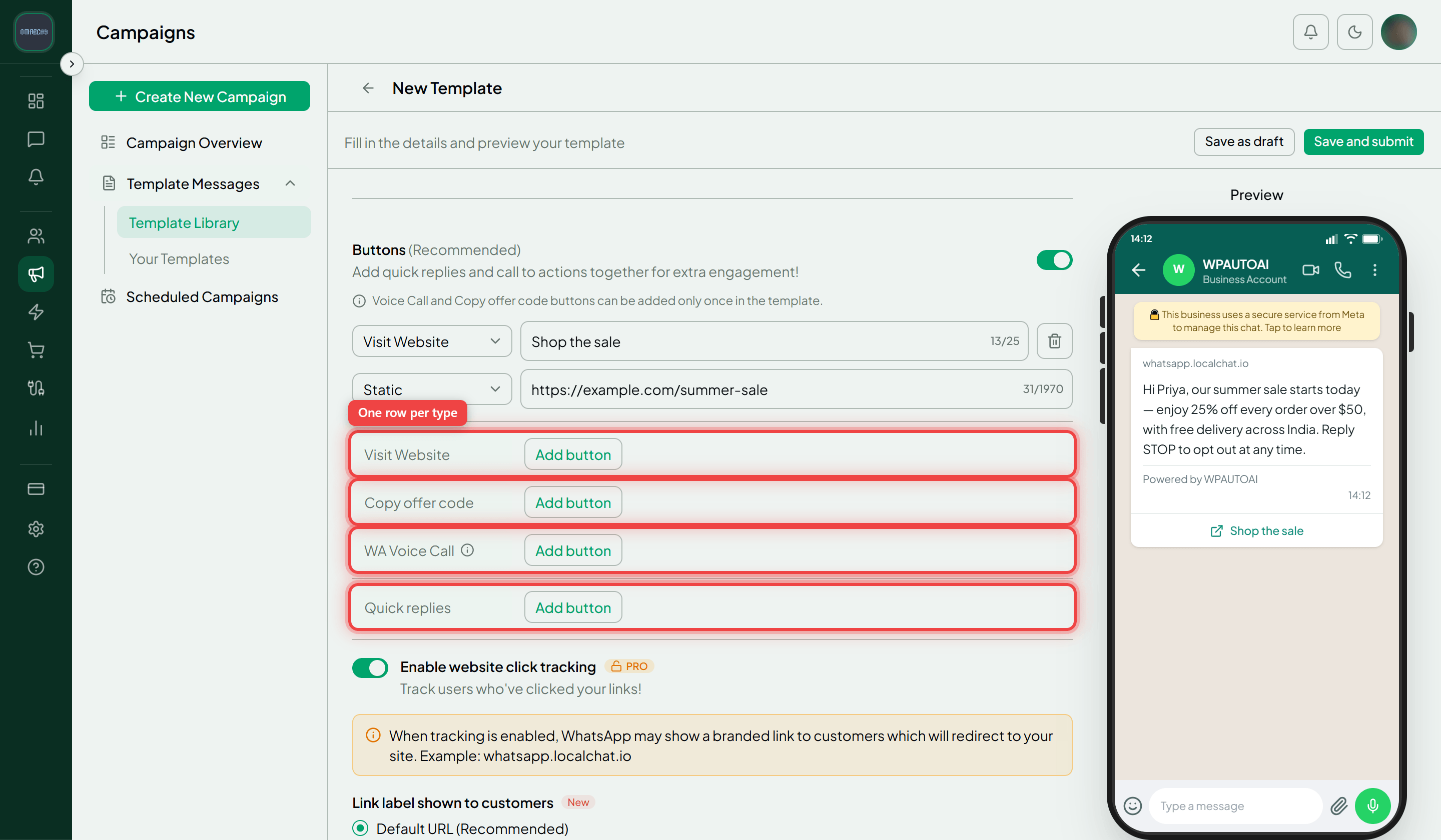 The Buttons section with the Add button row for each of the Visit Website, Copy offer code, WA Voice Call and Quick replies types highlighted
