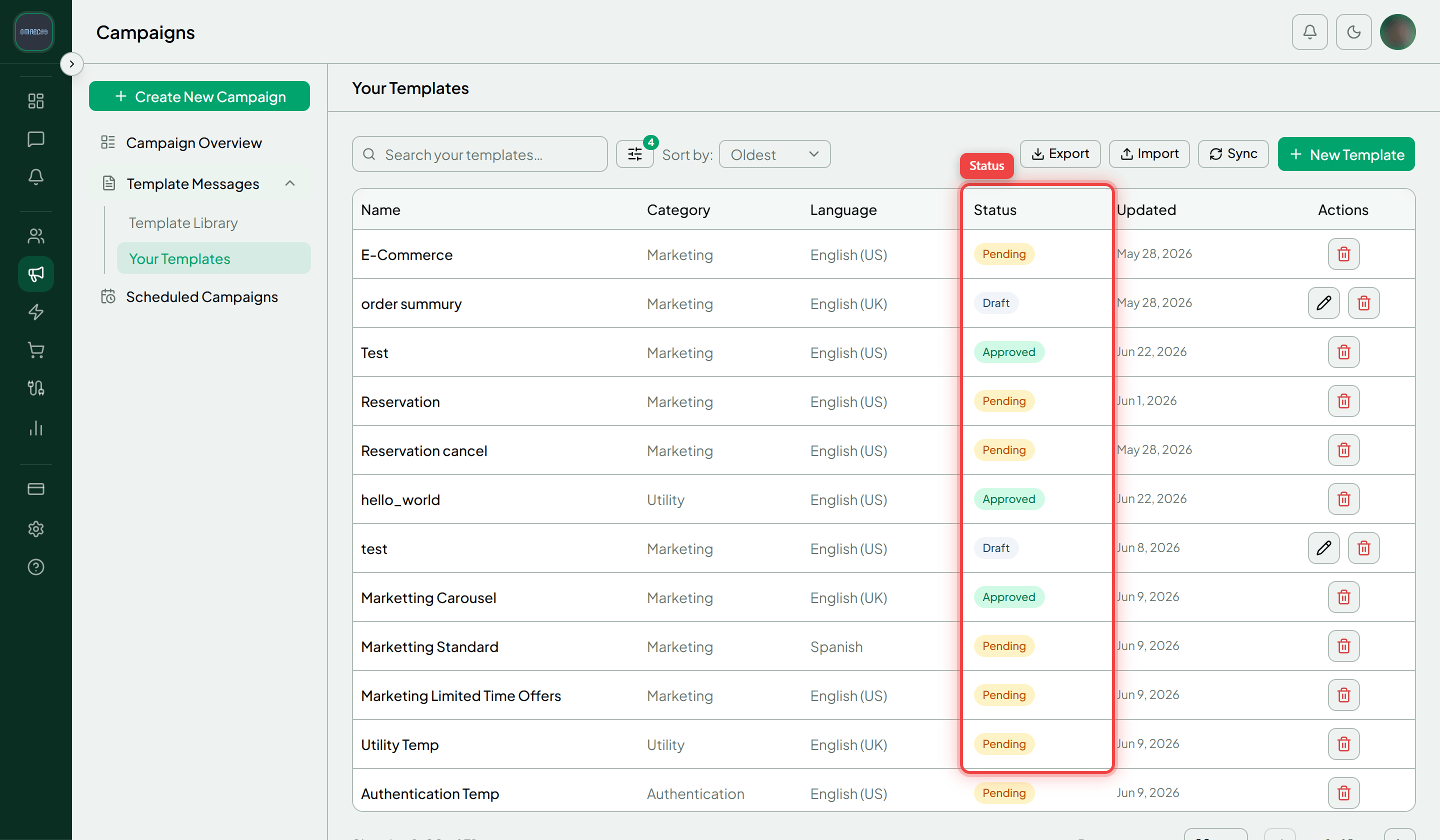 The Your Templates page with the Status column highlighted