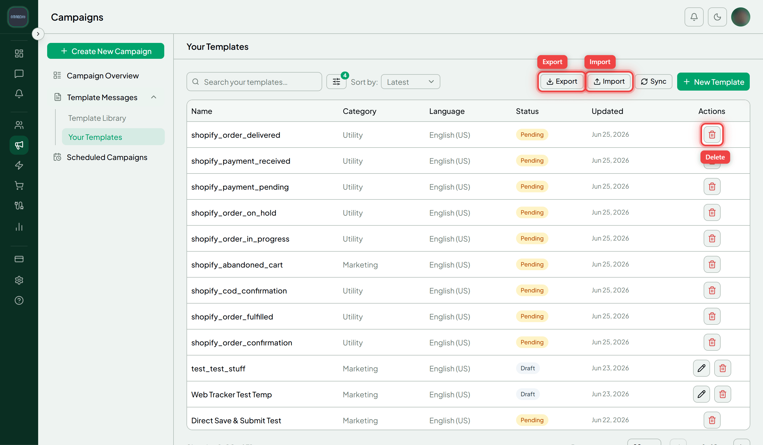 The Your Templates page with the Export and Import buttons and a row's Delete icon in the Actions column highlighted