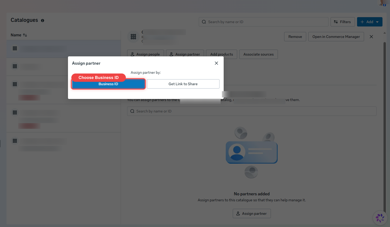 The Assign partner dialog with Business ID and Get Link to Share options