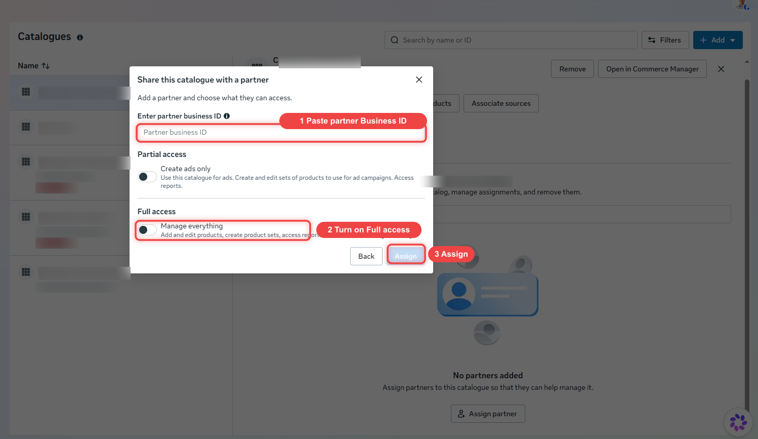 The Share this catalogue dialog with the partner Business ID field, Full access toggle and Assign button