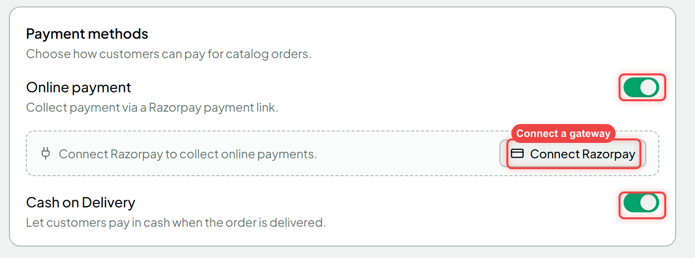 The payment methods card with Online payment and Cash on Delivery toggles