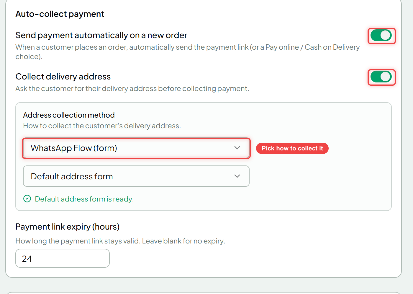 The auto-collect card with payment link and address-capture options