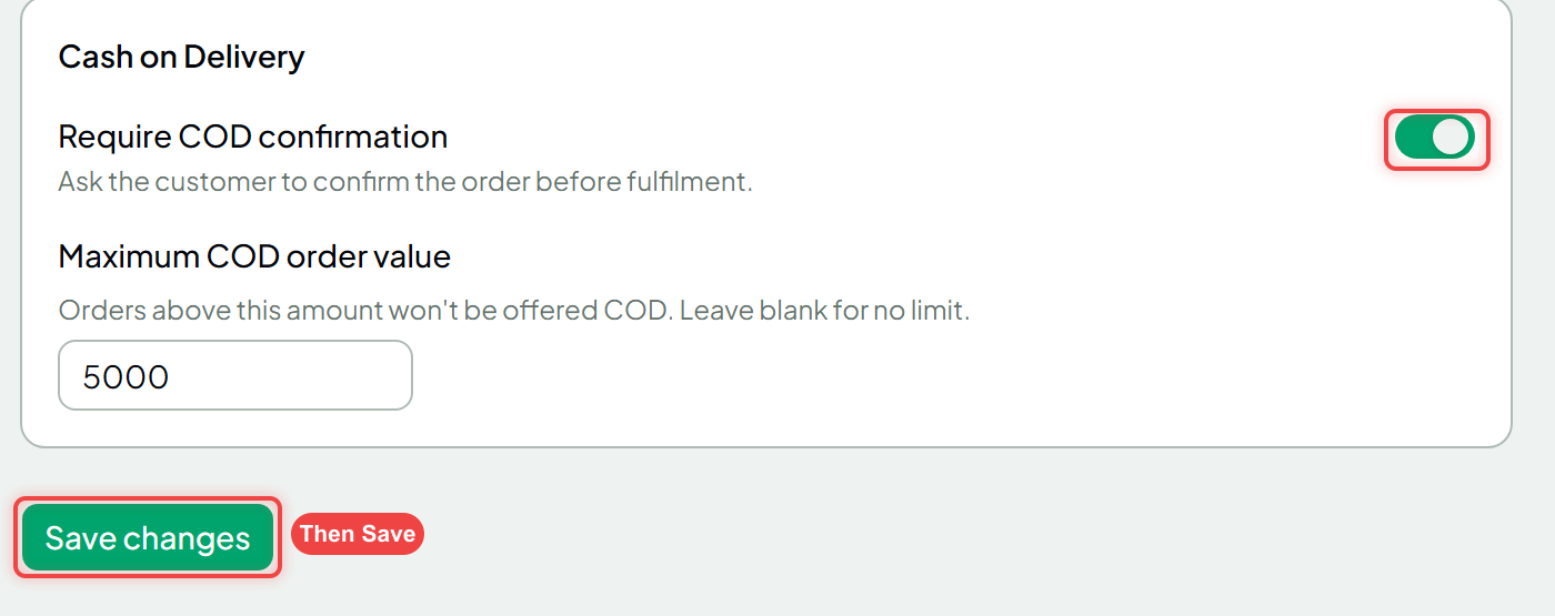 The COD options and the Save button
