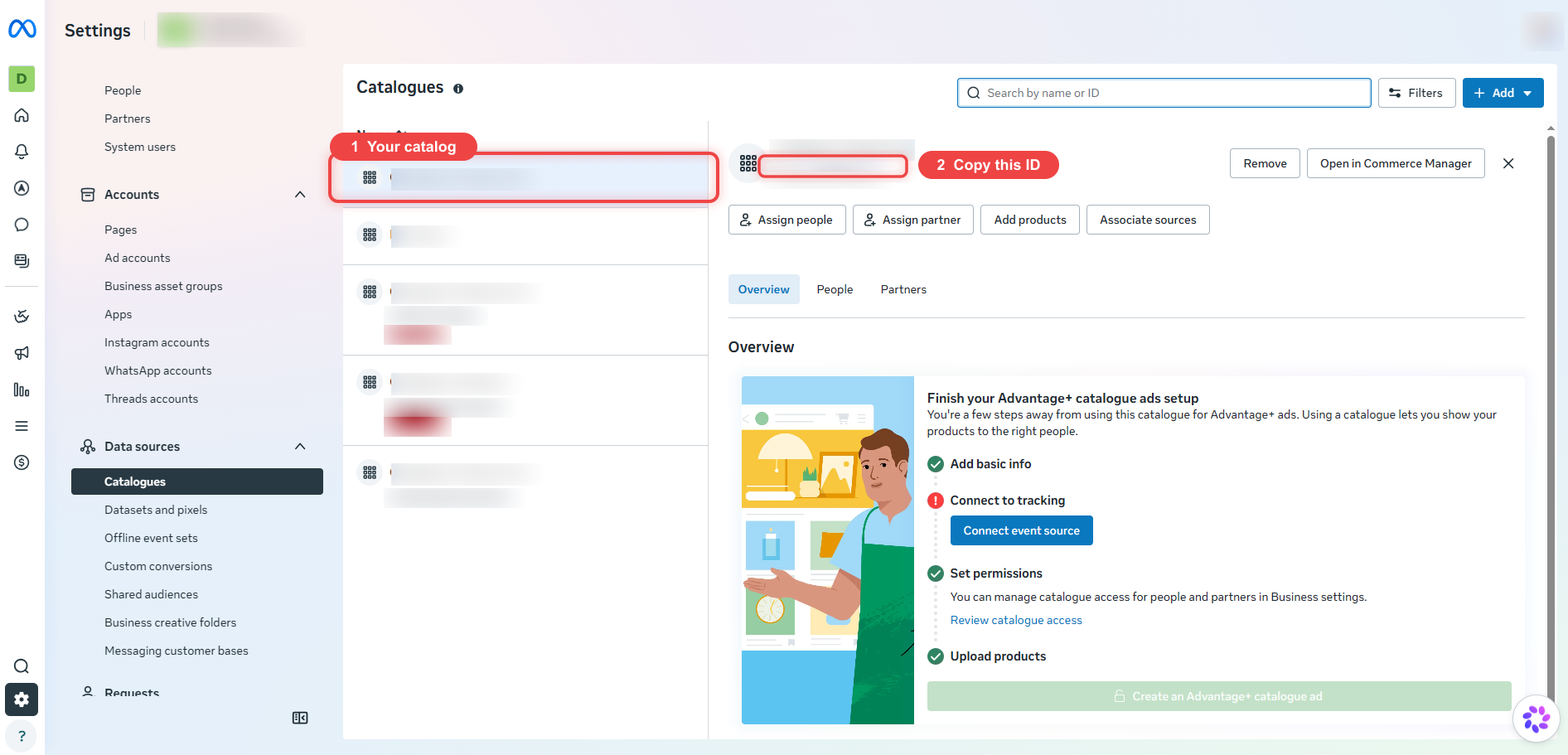 Business Settings Catalogues page with the selected catalog and its Catalog ID