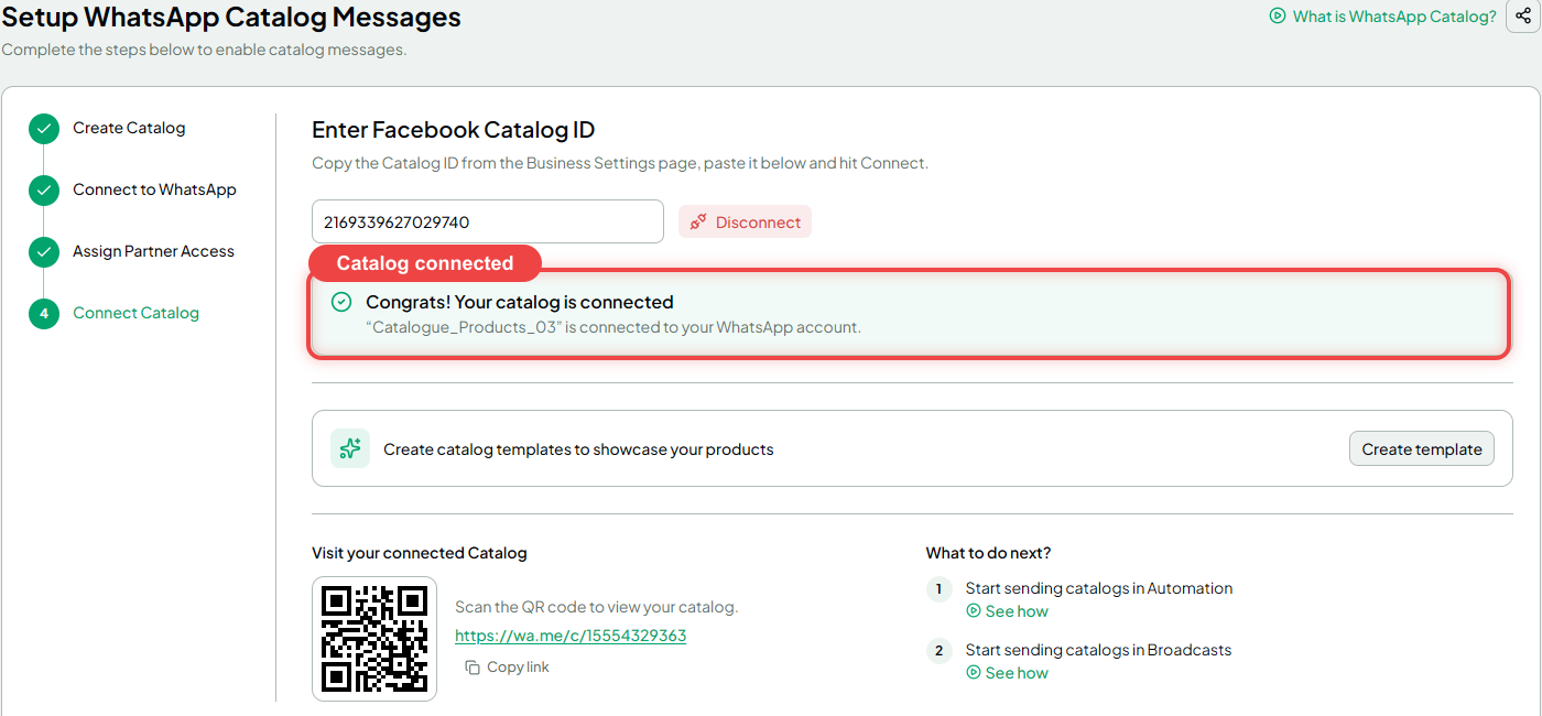 Connected catalog confirmation in WPAUTOAI with the shareable link and QR code