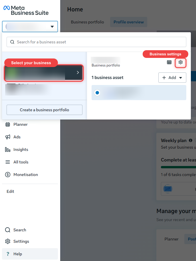 Meta Business Suite with the business portfolio selector open