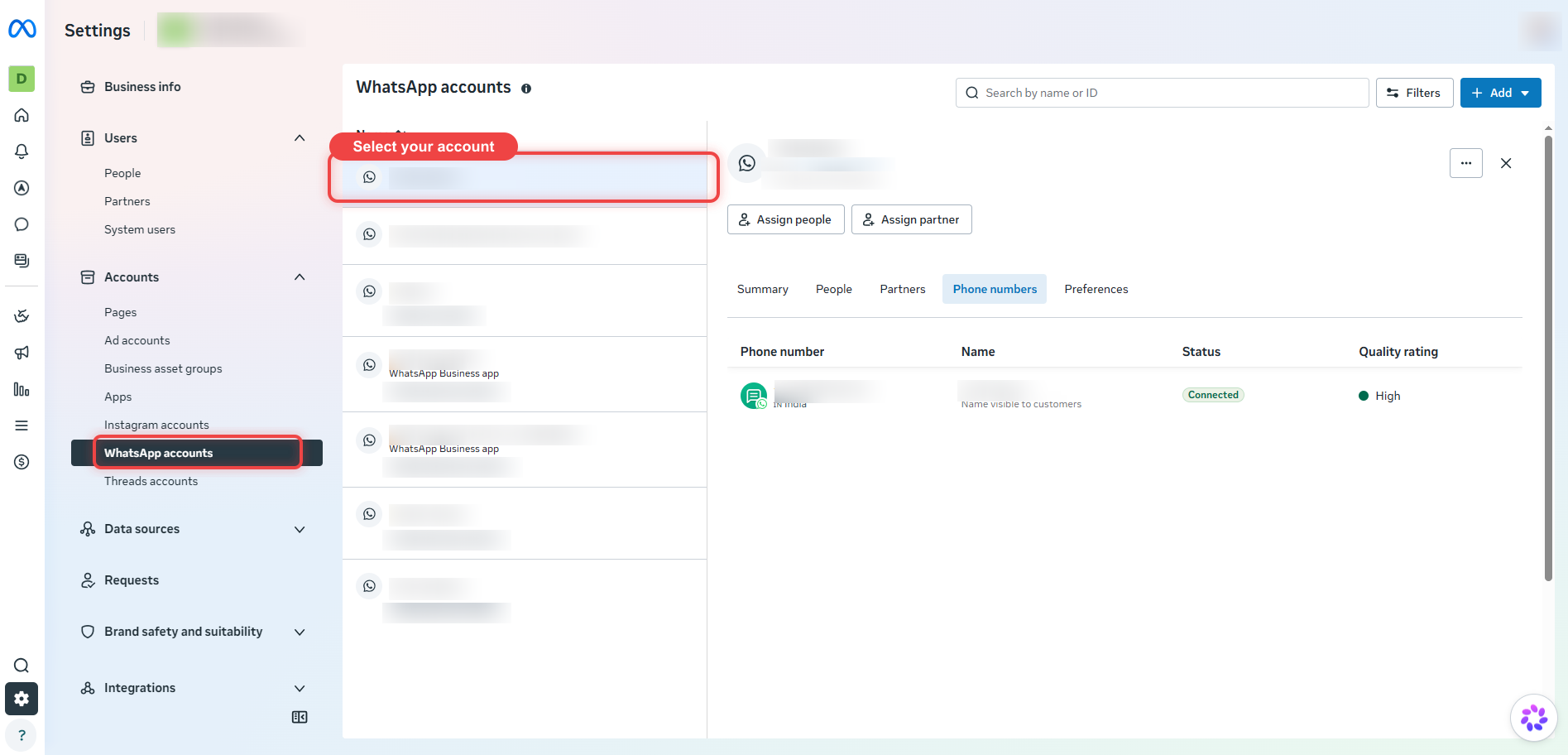 WhatsApp accounts list in Business Settings
