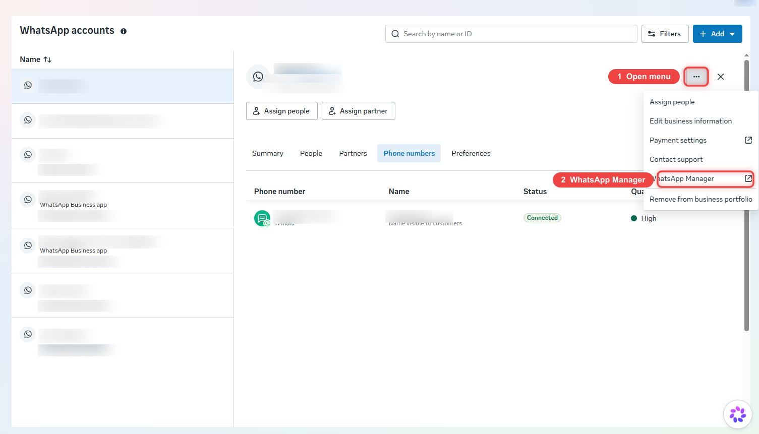 The account panel three-dot menu open, with WhatsApp Manager highlighted