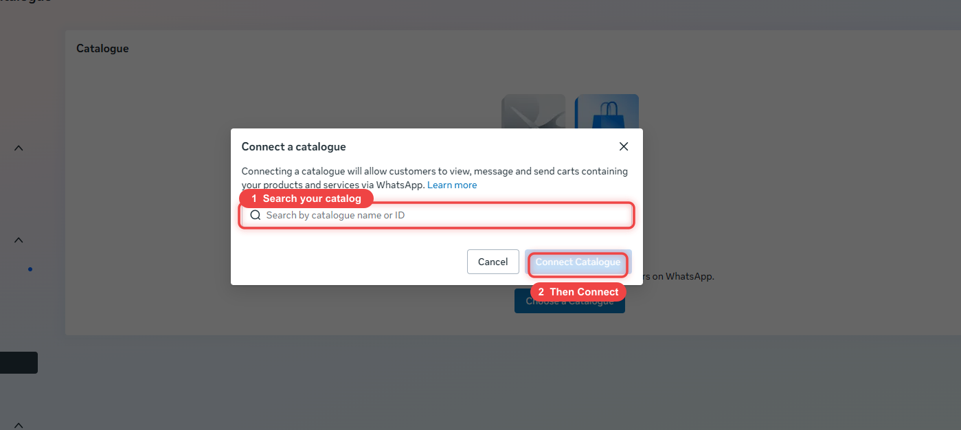 The Connect a catalogue dialog with the search box and Connect Catalogue button