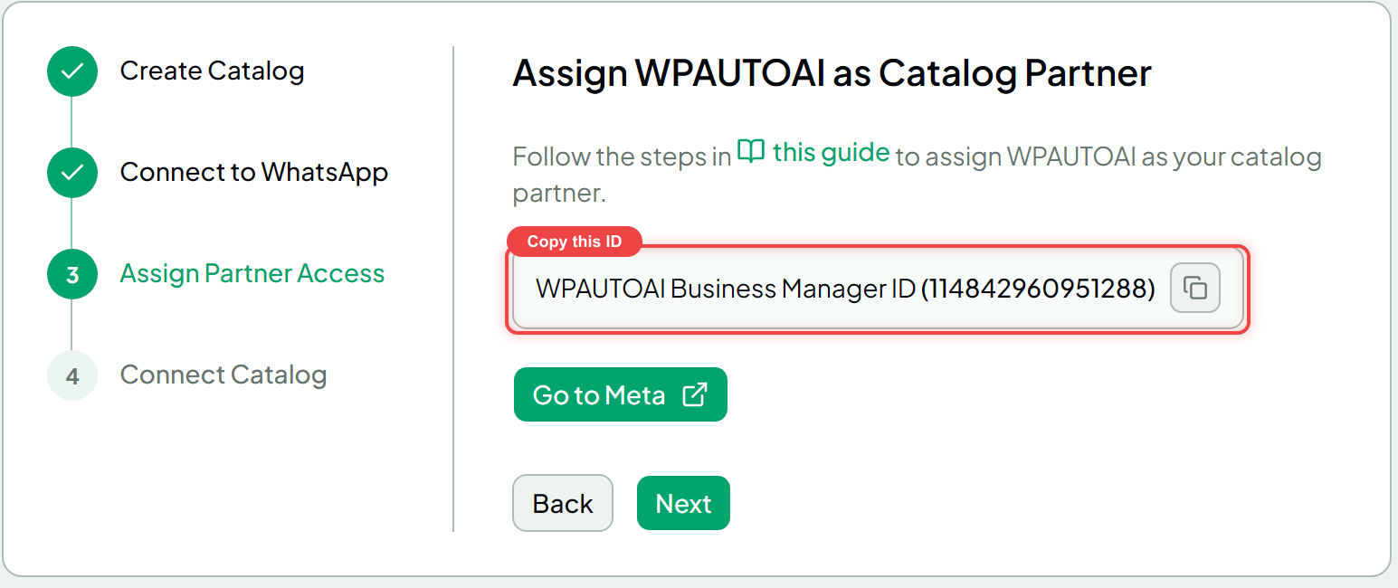 Meta Assign partner dialog with the Business Manager ID field