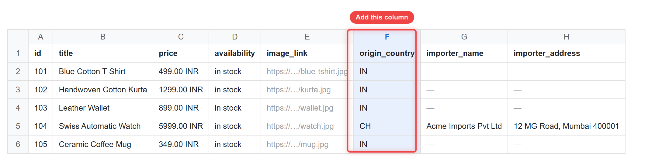 A Google Sheets product feed with the origin_country column