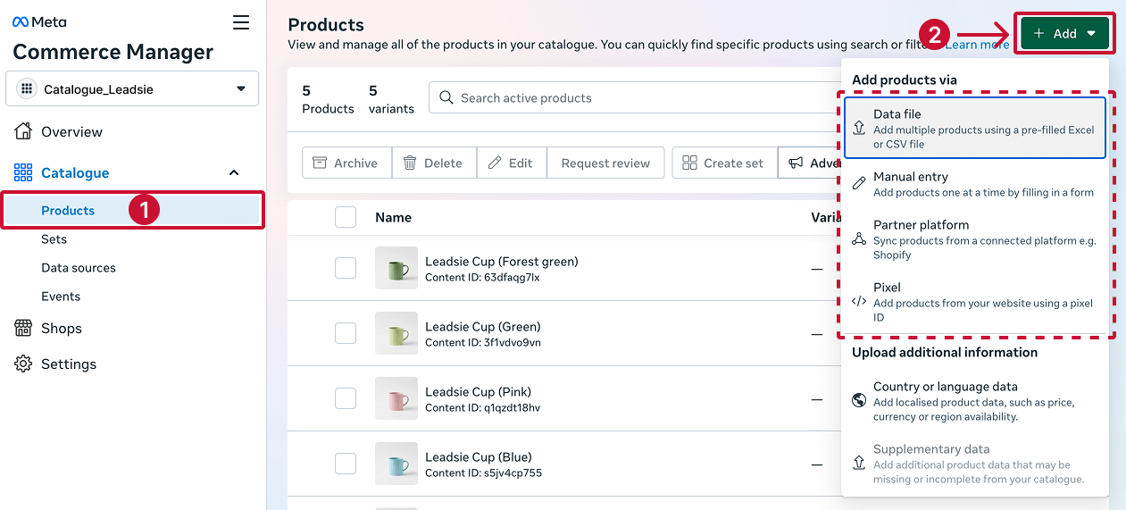 Products screen with the Add menu open showing Data file and Manual entry