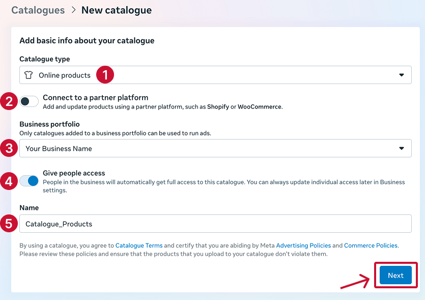 New catalogue form with type, business portfolio and name fields