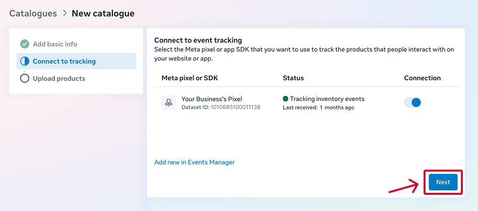 Connect to event tracking screen listing the Meta pixel