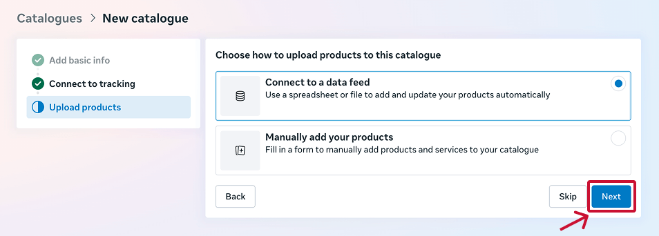 Upload method screen with Connect to a data feed selected