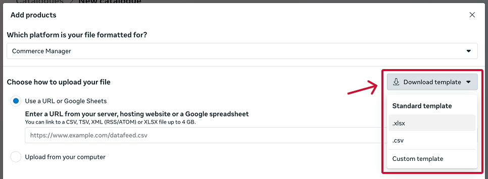 Data feed dialog with Use a URL or Google Sheets and the Download template menu
