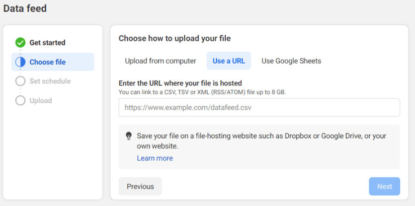Data feed dialog with the Use Google Sheets tab and a hosted file URL field