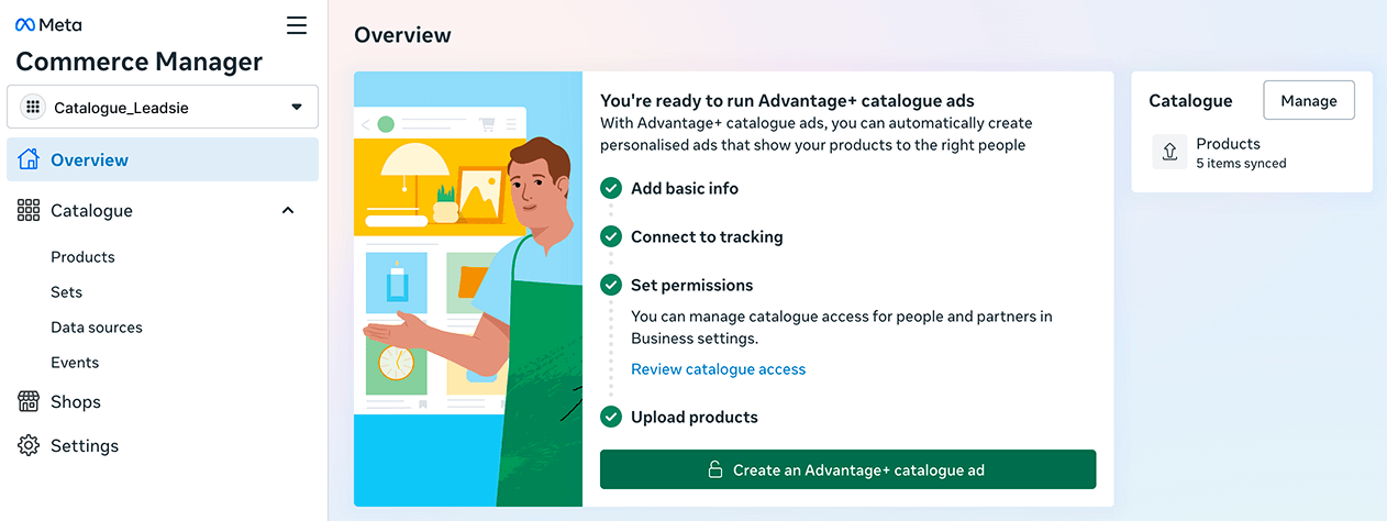 Commerce Manager overview showing the completed catalog with items synced