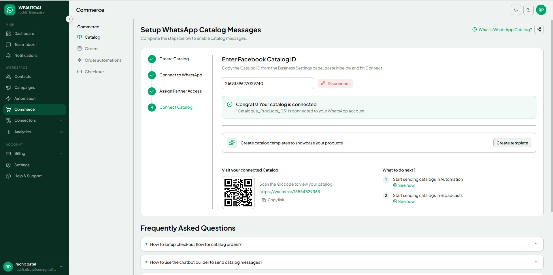 The Commerce catalog setup screen in the app