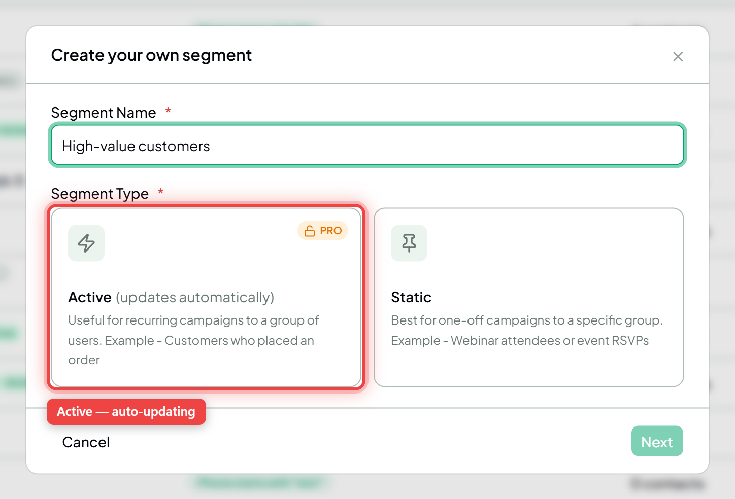 The New Segment dialog with a name entered and the Active type selected