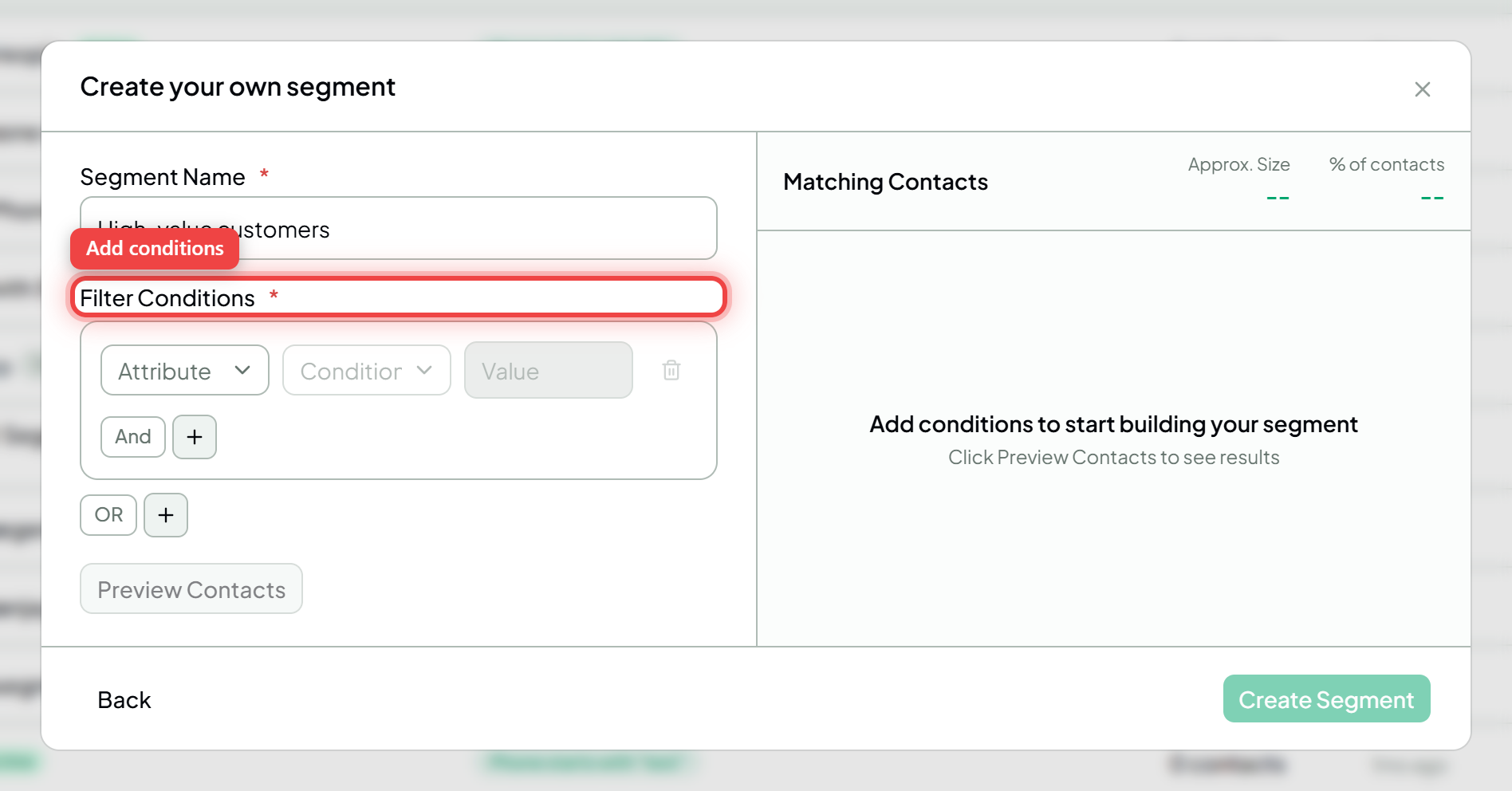 The filter builder with condition rows and the AND / OR controls highlighted