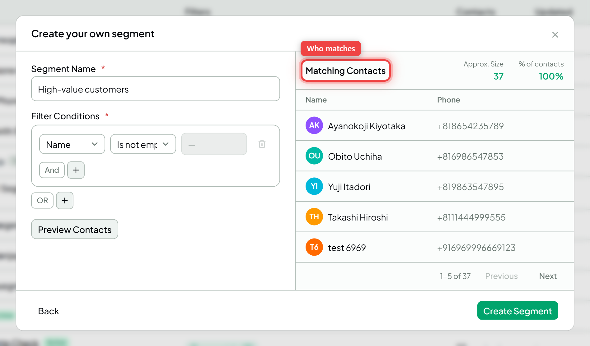 The filter builder with the Matching Contacts preview panel highlighted