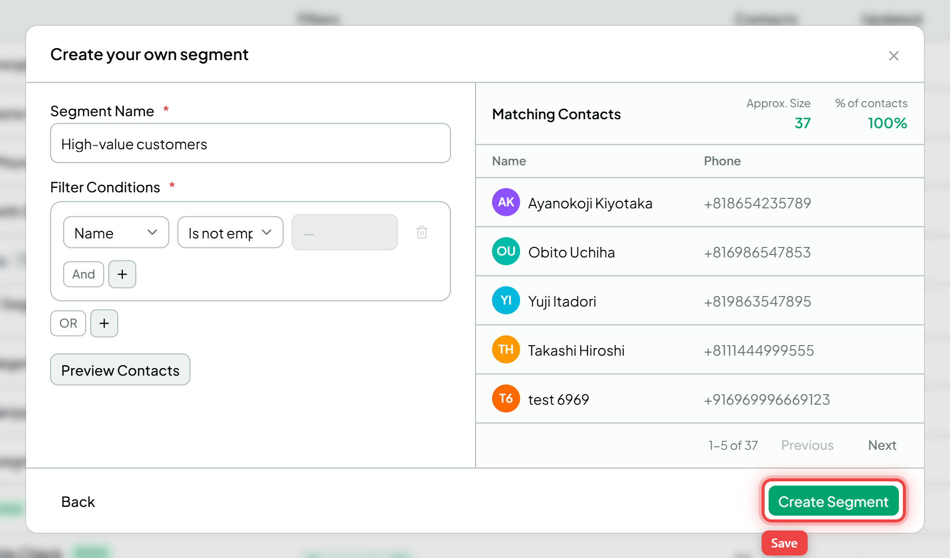 The filter builder with the Create Segment button highlighted