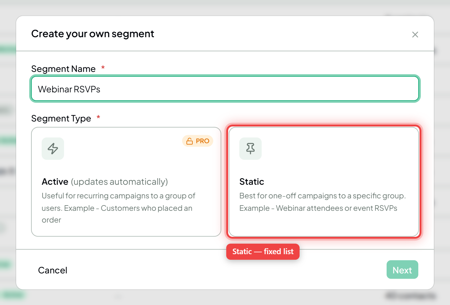 The New Segment dialog with a name entered and the Static type selected