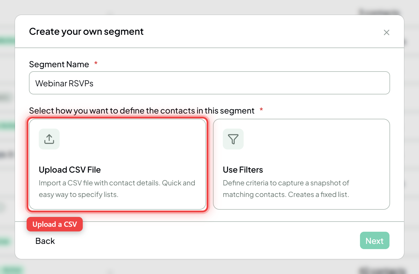 The define-method step with the Upload CSV File option highlighted